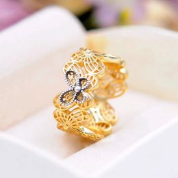 Shine Gold Plated Openwork Butterflies Ring with Clear Cz Fit Pandora Jewelry Engagement Wedding Lovers Fashion Ring