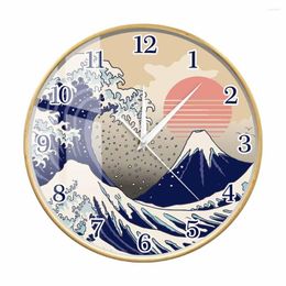 Wall Clocks Vaporwave Aesthetic Great Wave Off Minimalist Design Clock Kanagawa Retro Sunset Home Decor Silent Sweep Watch