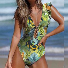 Women's Swimwear Swimsuit Floral Deep V-neck Padded Falbala Backless Swimwear Sexy Printed Bikini Set Cutout and Lace Up Summer Clothes for Women T230303