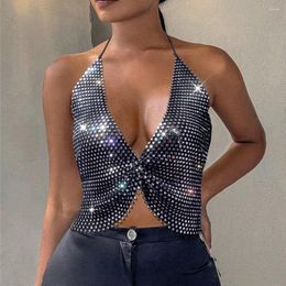 Women's Tanks 2023 Trendy Sexy Backless Solid Female Camisole Sleeveless Deep V Neck Halter Glitter Rhinestone Hollow Out Mesh Grid Party