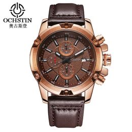 Wristwatches Ochstin Brand Men Sports Large Dial Quartz Watch Fashion Leather Strap Calendar Chronograph Waterproof Luminous Wristwatch