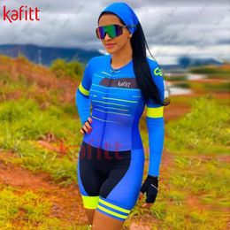 Racing Sets KafiWinter Sexy Long Sleeve Cycling Jersey Jumpsuit Women's Blue Sweater Set Low Price Promotion