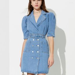 Casual Dresses Vintage Puff Sleeve Double Breasted Denim Dress Women Backless Sexy Slim Bodycon Belted Party