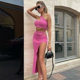 Work Dresses Zoctuo 2023 Autumn Winter Women Solid 2 Piece One Shoulder Crop Top Tanks Slit Midi Skirt Set Bodycon Sexy Party Elegant Outfit