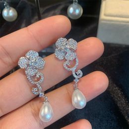 Stud Earrings Top Quality Cute Zirconia Pearl Pendant Camellia Flower Sterling Silver Studs Jewellery For Women Bride Gift