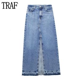 Etekler Trafo Denim Kadınlar Mavi Yüksek Bel Kadın Moda 2023 Solmuş yarık Maxi Yay Düğmesi 230302