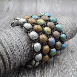 Strand Titanium Colors Frosted Faceted Hematite 10mm Round Beads Hand-Knitted Bracelets Jewelry