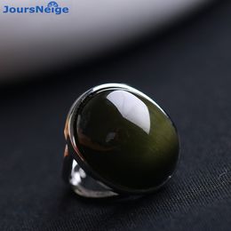 Wedding Rings Natural Obsidian Green Cat Eye Stone S925 Sterling Silver Mosaic Simple Men Women Gift Crystal Jewellery Wholesale 230303