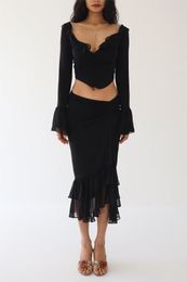 Skirts Womens Summer 2Pcs Suit Solid Color Long Sleeved Ruffled V Neck Cropped Tops Low Waist Fish Tail Slit 230302