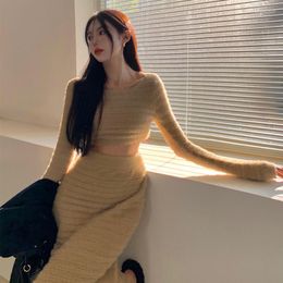 Work Dresses 2023 Spring Autumn Sweater Long Sleeve 2 Piece Skirt Set Korean Fashion Elegant Two Women Top And