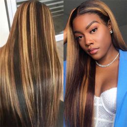 Synthetic Wigs New Wig Women s Fashion Gradient Colour Medium Point Pick Dyeing Long Straight Hair Brownish Gold Chemical Fibre Headgear Women 230303