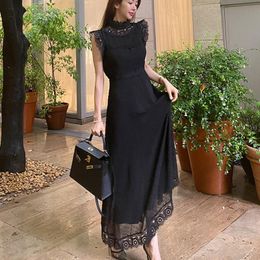 Casual Dresses 2023 Autumn Korean Style Ladies Crochet Lace Patchwork Polka Dot Elegant Long Maxi Dress Women Sexy Slim Black Party Robe