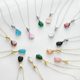 Pendant Necklaces 18K Gold Plated Crystal Teardrop Stone For Women Filled Green Aqua Blue Zircon Wedding Necklace CZ