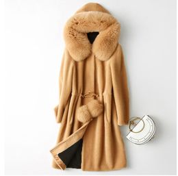 Women's Fur & Faux Autumn Winter Coat Female Long Sleeve Pockets Ball Drawstring High Waist Imitation Trim Hooded Outerwear Women