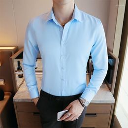 Men's Dress Shirts Men Solid Color Stretch Slim Long Sleeve Simple Fashion High Quality Clothing Tops Sleeves