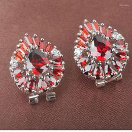 Backs Earrings Noble Design Red Stone Cubic Zirconia For Women Clip Jewelry LS080