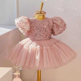 Girl's Dresses Girls' sequin bubble sleeve princess skirt 2023 new high-end fashion sweet puffy skirt banquet host baby birthday party dress