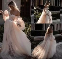 شاطئ شمبانيا الطويل تول بوهيميان بالإضافة إلى حجم فستان زفاف قبالة كتف ثياب الزفاف ثياب الزفاف