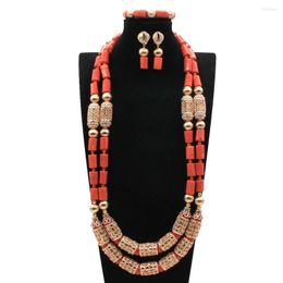 Necklace Earrings Set Luxury African Coral Beads Jewellery Dubai Gold Statement Original Bridal Jewellery CNR377