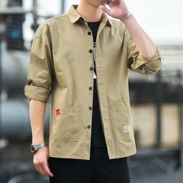 Men s Casual Shirts Long sleeved Spring and Autumn Work Shirt Korean Letter Printing Polo Collar Single Breasted Label 230302