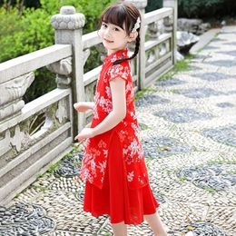 Girl's Dresses Girls' Cheongsam Dress Summer Children's Hanfu Skirt Chinese Chiffon Qipao Dress Breathable Short Sleeve Princess Dress LE410