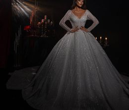 Sparkly Ball Gown Wedding Dresses V Neck Long Sleeves 3D Lace Sequins Appliques Floor Length Beaded Ruffles Diamonds Formal Dresses Gowns Bridal Gowns Plus Size