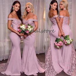 Elegant Mermaid Bridesmaid Dress 2023 Pink Off Shoulders Satin Lace Maid Of Honour Dresses Long Wedding Guest Party Dress Women Plus Size Formal Prom Wear Evening