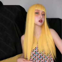 Synthetic Wigs Wig Female Air Bangs Lemon Yellow Long Straight Hair High Temperature Silk Chemical Fibre Head Cover 230303