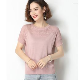 Women's Blouses 2023 Summer Short Sleeve Pullover Female Lace Floral Hollow Out Women Knitted Top Cotton Eyelet Elasticity O-Neck Sweater