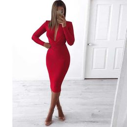 Casual Dresses 3 Colours Ladies HL Bandage Dress Long Sleeve Sexy VNeck Bodycon Midi Dress Fashion Evening Party Dress Vestido Z0216