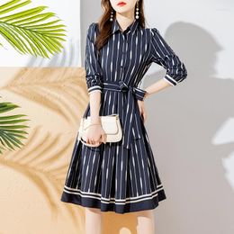 Casual Dresses Elegant Ladies A-line Striped Dress Women's Long-sleeved 2023 Autumn Slim Fit Turn Down Collar Shirt With Bow Belt Robes