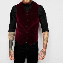 Men's Suits & Blazers Burgundy Velvet Vest For Men Suit V Neck Single Breasted One Piece Casual Male Waistcoat Fashion Coat