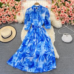 Korean version of chic retro slim dress ink print bubble sleeve high waist slim lapel dress elegant large swing skirt