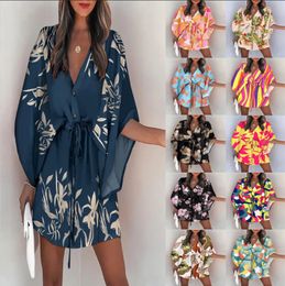 Fashion Batwing Sleeve Print Lace Up Mini Dress for Women Sexy V-Neck Casual Loose Boho Holiday Short Dresses Woman Summer