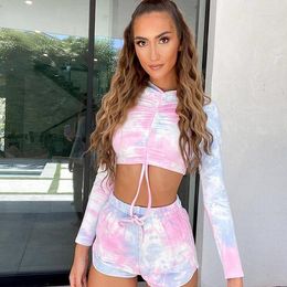 Women's Two Piece Pants Women Outfits Tie-dye Printing Cropped Top And Shorts Two-piece Suit For Sports Autumn Casual Streetwear Tracksuits