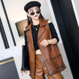 Women's Vests Sheepskin Mid-Length Waistcoat Office Lady Lapel Multi-Zippers Sleeveless Jacket Women Fit Genuine Leather Autumn Winter