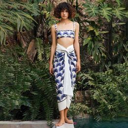 Women's Swimwear Women's Swimsuit Female Summer 2022 Fashion Leaves Printed Bikini Set Woman Two Piece Set and Cover-ups Beach Dress Bathing Suit T230303