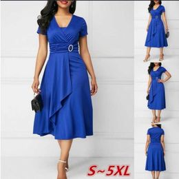 Casual Dresses Plus Size Dress Elegant Women Solid Color Short Sleeve V Neck Asymmetric Hem Waist Tight Midi Party Dress Ladies Evening Vestido Z0216