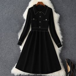 Spring Long Sleeve Lapel Neck Black Dress Solid Colour Knitted Panelled Buttons Knee-Length Elegant Casual Dresses 21S138B435