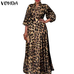 Casual Dresses 2022 VONDA Bohemian Women Maxi Dress Autumn Long Sleeve Party Long Dress Vintage Leopard Print Party Vestidos Casual Robe Femme Z0216