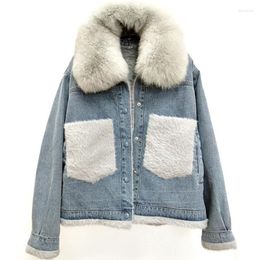 Women's Trench Coats Velvet Thick Denim Jacket Female Winter Big Fur Collar Lamb Coat