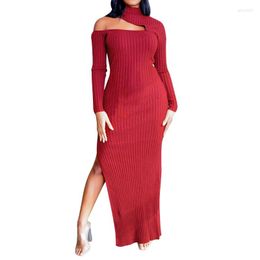 Casual Dresses Long Sleeve Ribbed Knit Cutout Shoulder Mock Neck Sweater Maxi Dress For Women A5KE