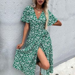 Casual Dresses Khalee Yose Floral Printed Wrap Dress Boho Vintage Autumn Chic Women Green Split V-neck Sexy Holiday Ladies Woman