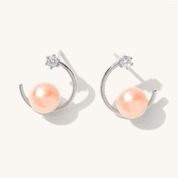 Stud Earrings C Shape 925 Sterling Silver For Women Girls Fashion Geometric Pattern With Freshwater Cultured Pearl CZ Jewellery