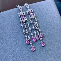 Dangle Earrings Retro Luxurious Strand Tassels S925 Silver Natural Pink Sapphire Drop Gemstone Women Birthday Gift Jewelry