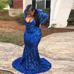 Royal Blue Glitter Mermaid Prom Dress Long Sleeves Sequin Appliques Sparkly African Women Plus Size Formal Evening Party Gowns