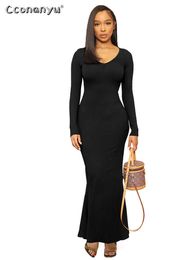 Casual Dresses Autumn Sexy Casual Solid Long Sleeve VNeck Slim Fit Fanny Pack Hip Mermaid Black Maxi Dresses Overalls for Women Clothing 2022 Z0216