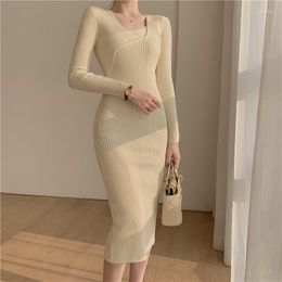 Casual Dresses Autumn Winter Knit Long Dress Women Slim Bodycon Elastic Sweater Office Lady Chic Pencil Korea