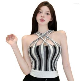 Women's Tanks Black White Contrast Color Sexy Hollowed Women Top Knit Sleeveless Halter Design For Girls