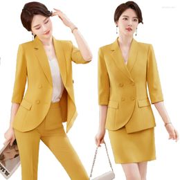 Women's Two Piece Pants Yellow Suits Women 2023 Spring Summer Fashion Temperament Slim Business Half Sleeve Blazer And Office Ladies Work
